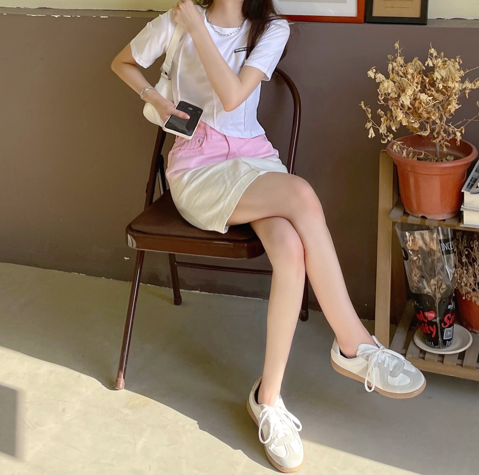 实拍~粉色渐变短裙牛仔裙女夏季高腰浅色清新a字裙包臀裙