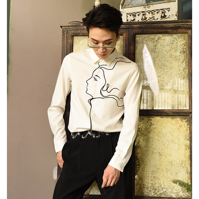 Original abstract line design sense Slim shirt men long white shirt embroidered head hair stylist Original abstract line design sense Slim shirt men long white shirt embroidered head hair stylist
