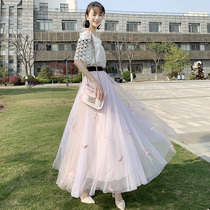 Mesh skirt women spring and autumn 2021 New A- line dress high waist long pleated gauze dress fairy long skirt summer