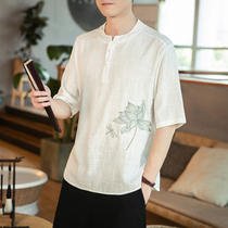 2022 Summer China Wind Mens Clothing Linen Short Sleeve T-Shirt Man Chinese Style Tang Clothes Youth Embroidered Cotton Linen Clothing Compassionate