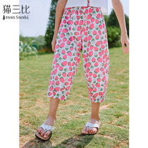 Cat 3 bibe child fit summer dress new pants slim fit girl light cage pants casual pants strawberry children pure cotton seven-pants