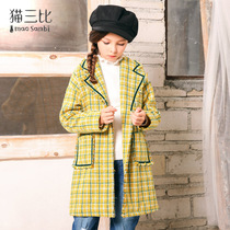 Girls woolen sweaty coat with velvet thickened autumn and winter new CUHK Tong yellow plaid children with long subcoat