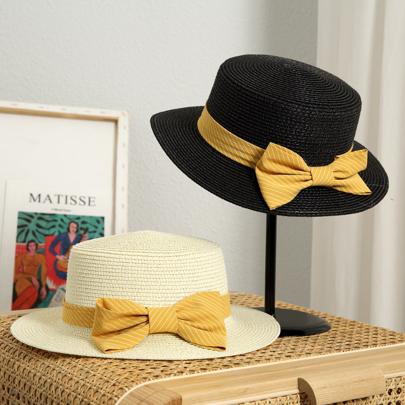 草帽女夏季英伦风小礼帽百搭小沿帽黑色蝴蝶结短檐帽复古平顶帽子