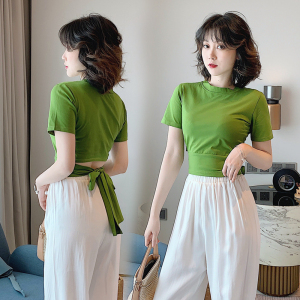 Open back high waist short sleeve Korean version fashionable tight thin and open navel T-shirt