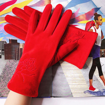 Red winter bride wedding dress toast gloves show hand sleeve plus velvet warm 2021 new touch screen