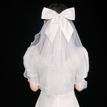 Bride wedding veil big bow hair jewelry romantic Pearl satin wedding jewelry travel photo selfie