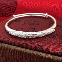 Floral Solid Silver Bracelet 999 Sterling Silver Women's Glossy Belly Push Pull Fashion Silver Bracelet for Girlfriend Silver Bracelet