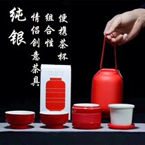 999 sterling silver teacup Snowflake anemone goldfish tea pot Portable ceramic Kung Fu tea set couple travel gift cup