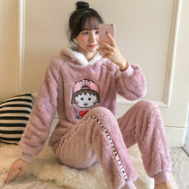 Coral velvet pajamas womens autumn and winter thickened Korean students sweet flannel cute plush set home clothes