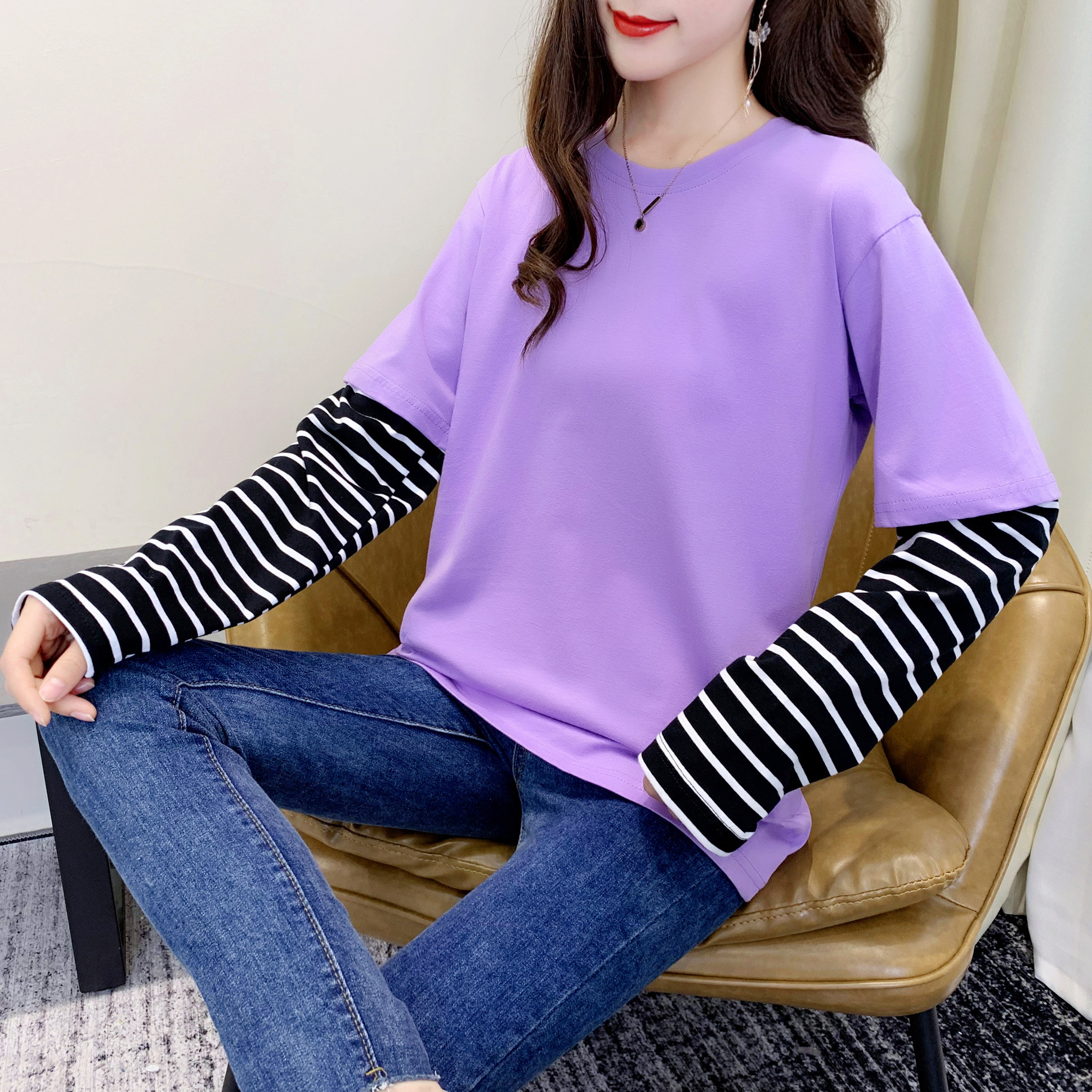 秋季新款假两件长袖纯棉t恤女空白版