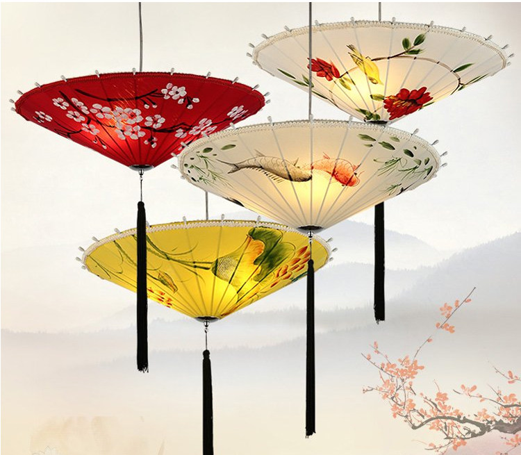 中式伞灯布艺吊灯手绘画荷花灯笼仿古典茶楼客厅餐厅过道伞形灯具_不