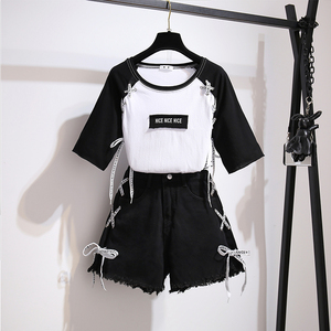 Color matching T-shirt lanyard jeans shorts hot pants two-piece set for women