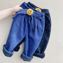 Baby girl plus velvet thickened jeans for men and women winter warm cotton pants children pants small baby loose long pants