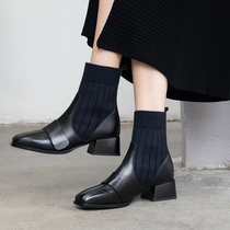 Cat master homemade 2021 autumn and winter New black leather elastic boots British style thick with Martin boots female knitted short boots