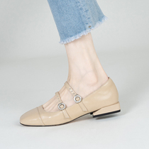 Cat master homemade one word with Mary Jane shoes female retro square head soft leather shallow mouth French versatile gentle flat shoes