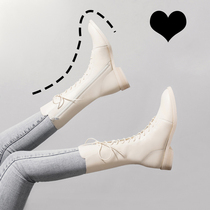 Boarder genuine leather Martin boots female Inn Wind 2022 autumn winter new plus suede mid-cylinder boot short boots slim boot slim boot slim boot