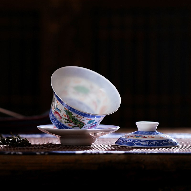 Hong xin tureen large ceramic tea set tea cups jingdezhen hand - made pastel three of the bowl bowl