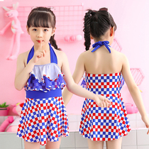 Swimsuit Girl Middle Child Cute Princess Dresses Skirt Lotus Leaf Side Fashion Plaid Lotus Leaf Side Flat Corner Conjoined Swimsuit