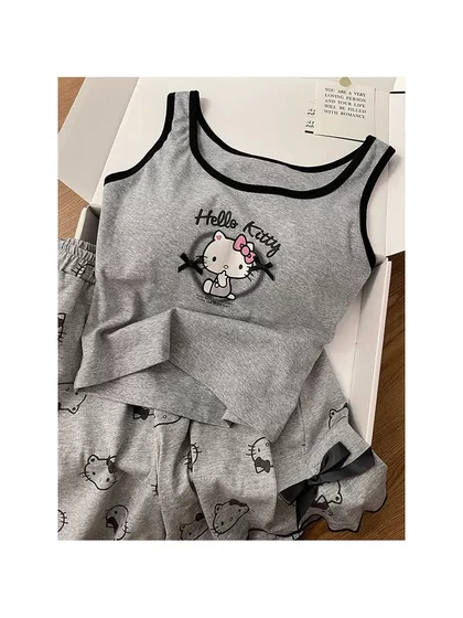 Katie Ins 스타일의 여름 잠옷 여성의 귀여운 Hellokitty Vest Shorts 홈 캐주얼 세트 Katie Ins 스타일의 여름 잠옷 여성의 귀여운 Hellokitty Vest Shorts 홈 캐주얼 세트