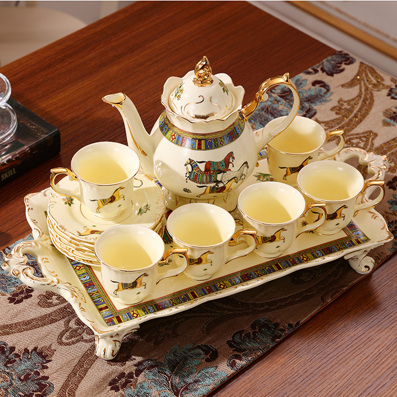 European style afternoon tea set suit small key-2 luxury home with tray was red cup teapot ceramic English coffee cup set