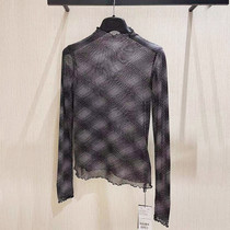 2021 brother new special summer micro-perspective semi-turtleneck plaid mesh hyuna shirt long-sleeved T-shirt top female