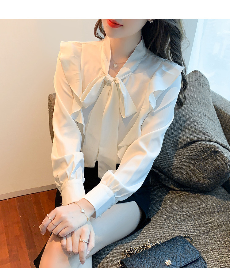 白色衬衫女春季2022新款飘带领荷叶边设计感小个子长袖衬衣上衣 - 17
