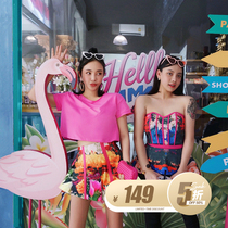 Traveling season holiday equipment Flamingos Sao pink breast-wrapped culottes ultra-short hole T-shirt a set of complete
