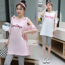 Pregnant woman summer clothing suit stylish style 2019 new two sets of summer dresses blouses with loose shoulders for pregnant women t-shirts