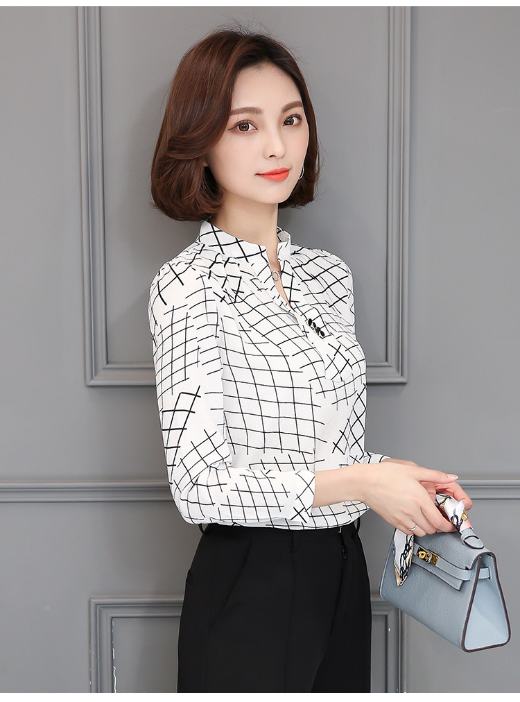 实拍雪纺衫女长袖韩版2017春款上衣v领百搭职业装印花衬衣潮