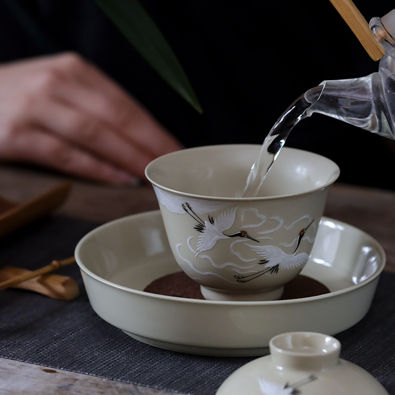 Jingdezhen plant ash hand - made ceramic tea set household contracted kung fu the crane tureen hot tea bowl