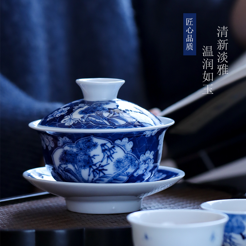 The Blue hand - made of ice may open a window tureen jingdezhen ceramic three cups of kung fu tea set is not a hot tea cutting mechanism