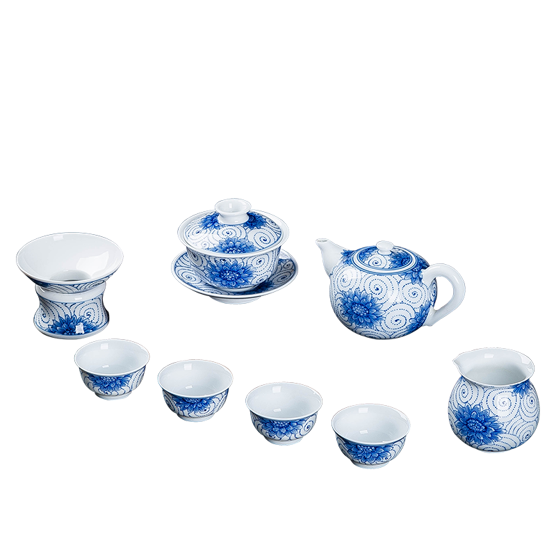 Blue - and - white ceramics fair sample tea cup teapot tea filter tureen zero with hand - made under glaze color high - white kung fu tea set