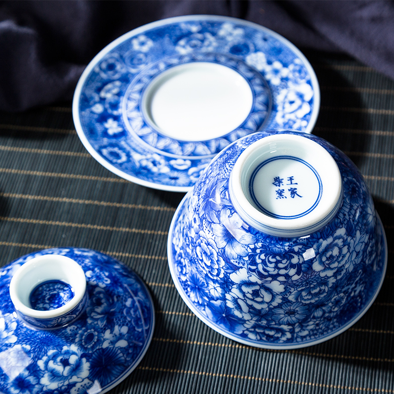 Pure manual hand - made flower tureen of jingdezhen blue and white only three bowl of large ceramic kung fu tea set to tea cups