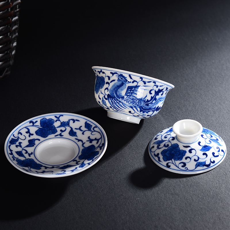 Ceramic tureen tea cup three to use hand draw phoenix jingdezhen blue and white kung fu tea set high white porcelain bowl