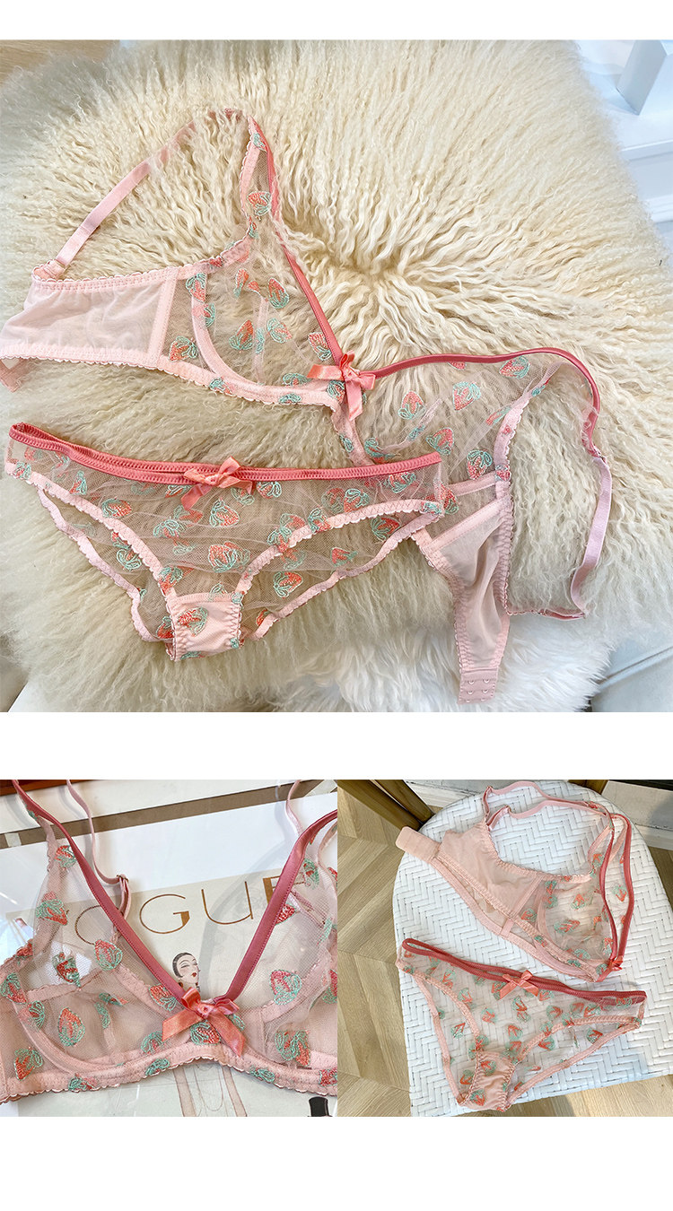 deepv 法式透明蕾丝性感撩人小草莓刺绣超薄文胸套装