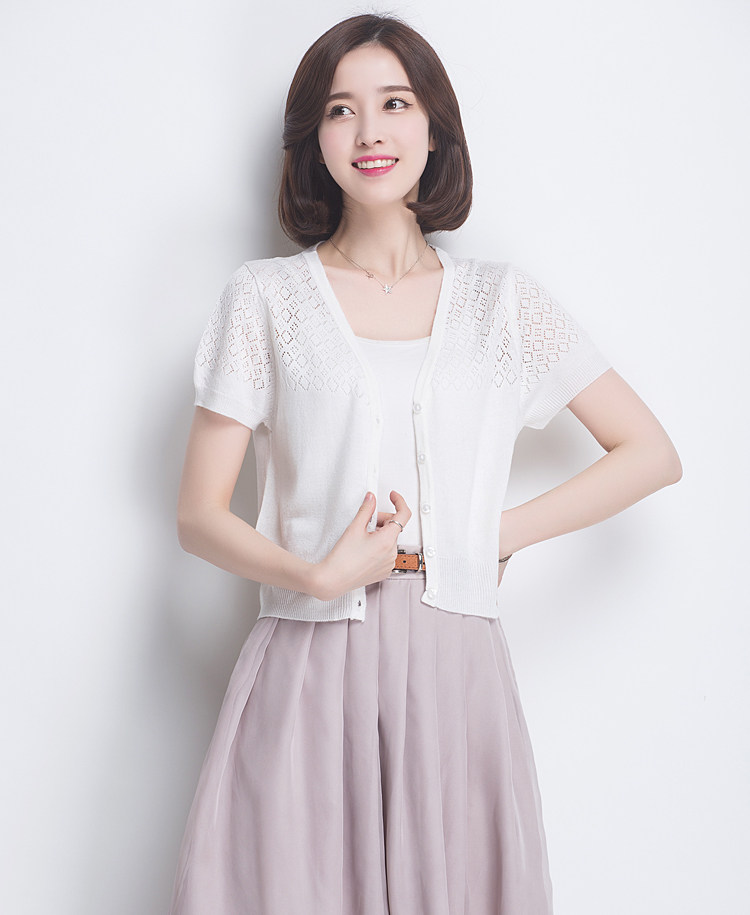 夏季薄款短袖针织镂空开衫女外搭短款空调衫半袖防晒披肩坎肩外套