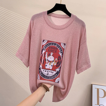 Autumn 2019 new white lucky cat short-sleeved t-shirt womens loose round neck ice silk knitted top net red t-shirt