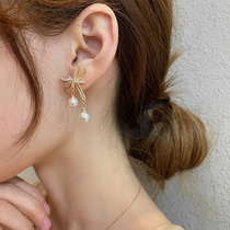 Baroque bow pearl earrings female summer retro earrings 2021 New Tide Korean high-grade earrings