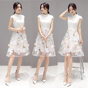 2018夏季新款女装韩版改良蕾丝旗袍连衣裙中国风短袖欧根纱a字裙