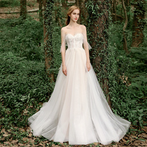 Original 2020 New Shoulder Drop Simple Mori Lace Bride Light Wedding Dress Strapless Slim Fit Long Tail Out Light Yarn