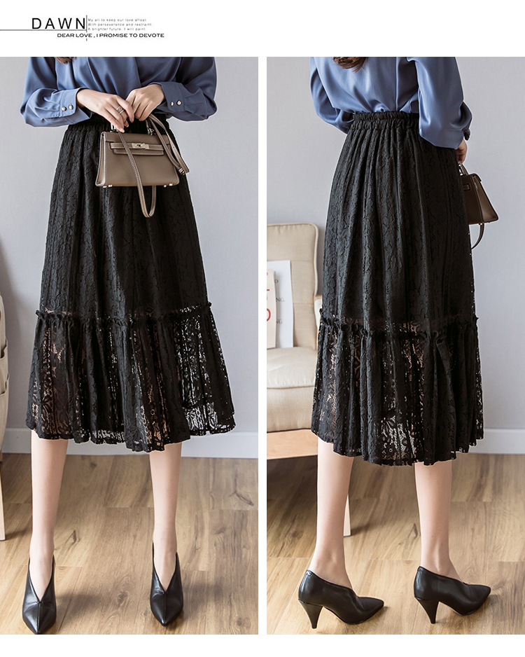 实拍2019春季新款ins超火的蕾丝a字中长半身裙
