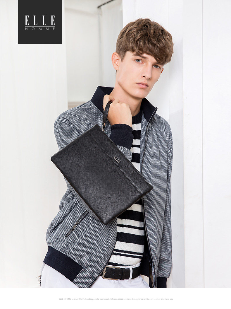 elle homme男包商务手包2017新款真皮手拿包大容量信封包手抓夹包