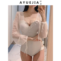 White swimsuit womens one-piece triangle long sleeve lace sexy belly thin Korean ins Wind 2021 summer New