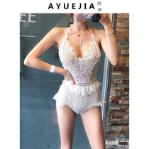 Swimsuit womens 2021 new sexy small chest gathered lace one-piece conservative belly cover thin fairy fan hot spring swimsuit