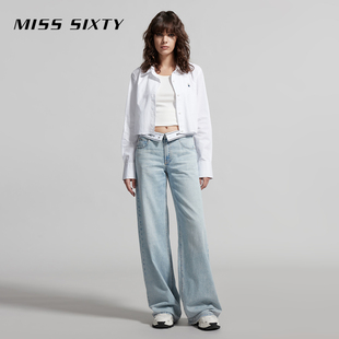 Miss Sixty2024夏季新款含醋酸牛仔裤女拼接翻腰头阔腿裤垂感长裤