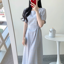 2021 summer new Korean version of French Girl Plaid strap waist temperament thin bubble sleeve dress