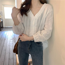 2022 Spring and autumn new Korean version sweet and temperament loose V neckline sweatshirt 80% sleeve shirt with long sleeve shirt woman