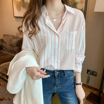 Vertical Striped Shirt Woman Long Sleeve 2022 Spring Summer New Loose Superior Sense Lining Design Sensation Little sunscreen