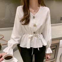 2022 Spring and autumn new Korean version 100 lap V collar fashion collection waist display slim long sleeve shirt female blouse design feeling small crowd