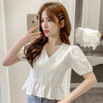 2021 summer new Korean version of temperament waist collarbone machine coat womens short sleeve shirt design sense minority